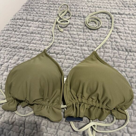 ABERCROMBIE & FITCH OLIVE GREEN RUFFLE STRING BIKINI TOP – SIZE XL - Picture 7 of 15